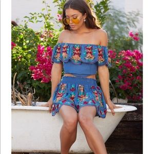 Surf Gypsy EMBROIDERED RUFFLE OFF SHOULDER top
